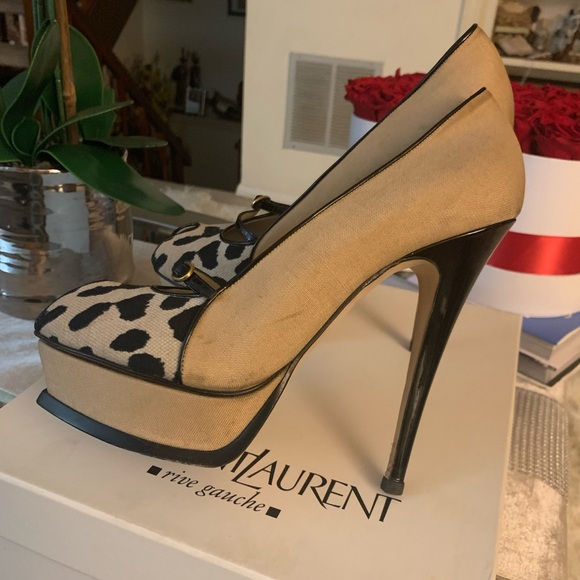 YVES SAINT LAURENT RIVE GAUCHE Beige Peep Toe Platforms heels SZ 9.5 🔥🔥🔥 - Picture 6 of 14